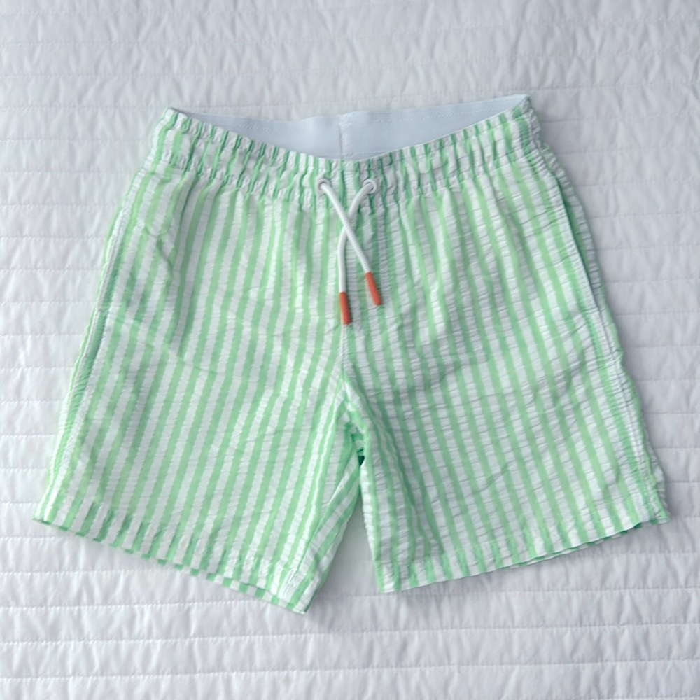 Boy’s Green & White Seersucker Swim Trunks